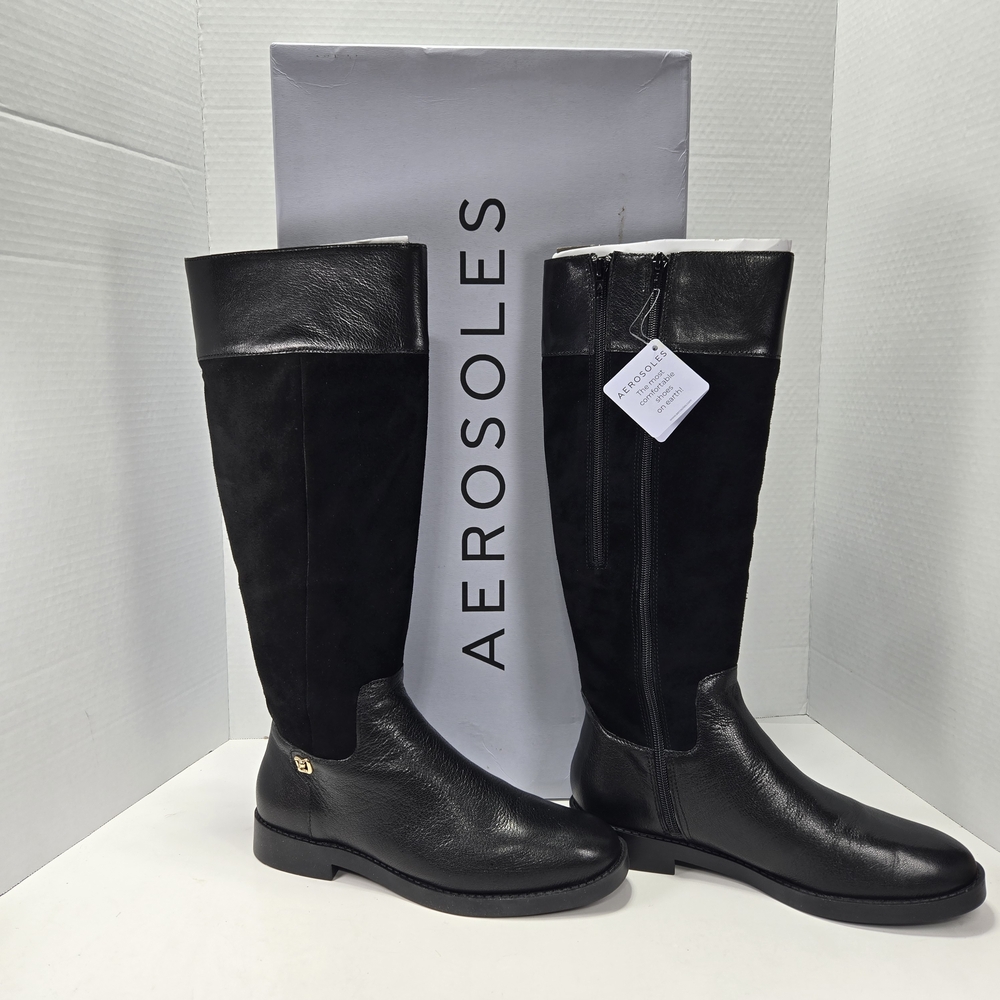 AEROSOLES Taba Black Suede Knee-High Two Zipper Expand Calf Riding Boot Size 7.5